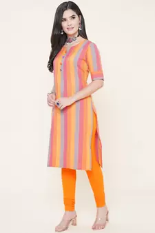 Orange plain cotton cotton-kurtis