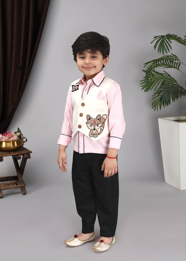 Pink shirt off white waist coat black pant