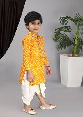 Yellow printed kurta off white Krishna dhoti 1