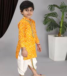 Yellow printed kurta off white Krishna dhoti