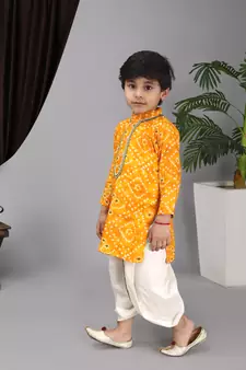 Yellow printed kurta off white Krishna dhoti