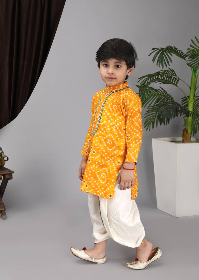 Yellow printed kurta off white Krishna dhoti