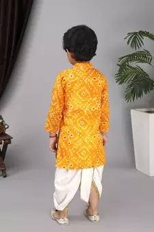 Yellow printed kurta off white Krishna dhoti