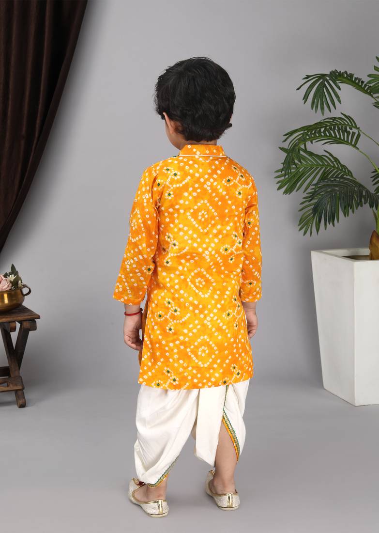 Yellow printed kurta off white Krishna dhoti