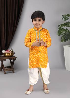 Yellow printed kurta off white Krishna dhoti 4