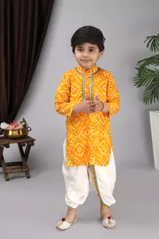 Yellow printed kurta off white Krishna dhoti