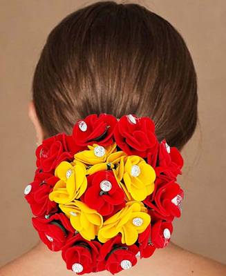 DIAN Red & Yellow Full Bun Juda Maker Flower Gajra Hair Accessories, Artificial Juda Hair Accessories 2