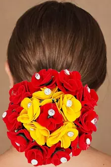 DIAN Red & Yellow Full Bun Juda Maker Flower Gajra Hair Accessories, Artificial Juda Hair Accessories