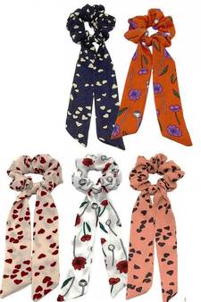 DIAN Assorted Pack of 5 Print Hair Ribbon Scrunchies, Hair Accessories for Women, Teens and Girl