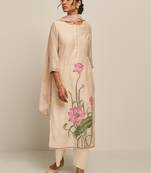 Parchment Beige Cotton Linen Woven Kurta With Lotus Printed Chiffon Dupatta