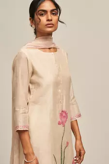 Parchment Beige Cotton Linen Woven Kurta With Lotus Printed Chiffon Dupatta