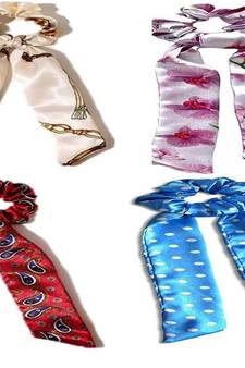 DIAN Assorted Pack of 4 Satin Print Hair Ribbon Scrunchies, Hair Accessories for Women