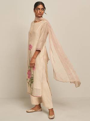Parchment Beige Cotton Linen Woven Kurta With Lotus Printed Chiffon Dupatta 3