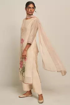 Parchment Beige Cotton Linen Woven Kurta With Lotus Printed Chiffon Dupatta