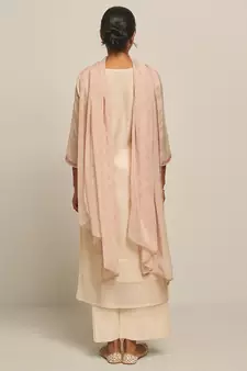 Parchment Beige Cotton Linen Woven Kurta With Lotus Printed Chiffon Dupatta