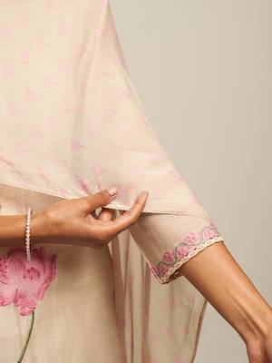Parchment Beige Cotton Linen Woven Kurta With Lotus Printed Chiffon Dupatta 6