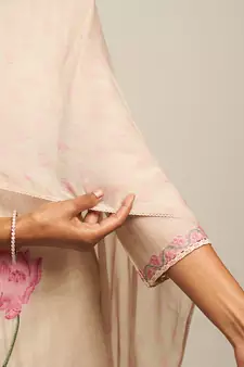 Parchment Beige Cotton Linen Woven Kurta With Lotus Printed Chiffon Dupatta