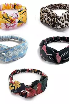 DIAN Assorted Pack of 5 Printed Boho Criss Cross Elastic Fabric Headband, Yoga Wide Head Wraps/Hair Wrap