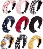 DIAN Assorted Bow Hairband Pack of 9 Printed Korean Style Fabric Knot Plastic Headband