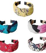 DIAN Assorted Bow Hairband Pack of 5 Printed Korean Style Fabric Knot Plastic Headband