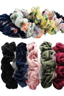 DIAN Assorted Pack of 10 Hair Scrunchies, Ponytail Holder in Velvet Fabric & Printed for Womens