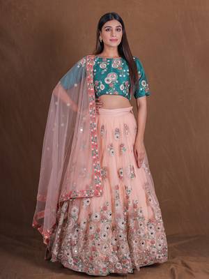 Unique Peach And Green Mirror Embroidery Lehenga Choli For Wedding Party Wear Designer Net Ghagra Choli  1