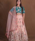 Unique Peach And Green Mirror Embroidery Lehenga Choli For Wedding Party Wear Designer Net Ghagra Choli 