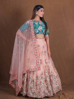Unique Peach And Green Mirror Embroidery Lehenga Choli For Wedding Party Wear Designer Net Ghagra Choli  2