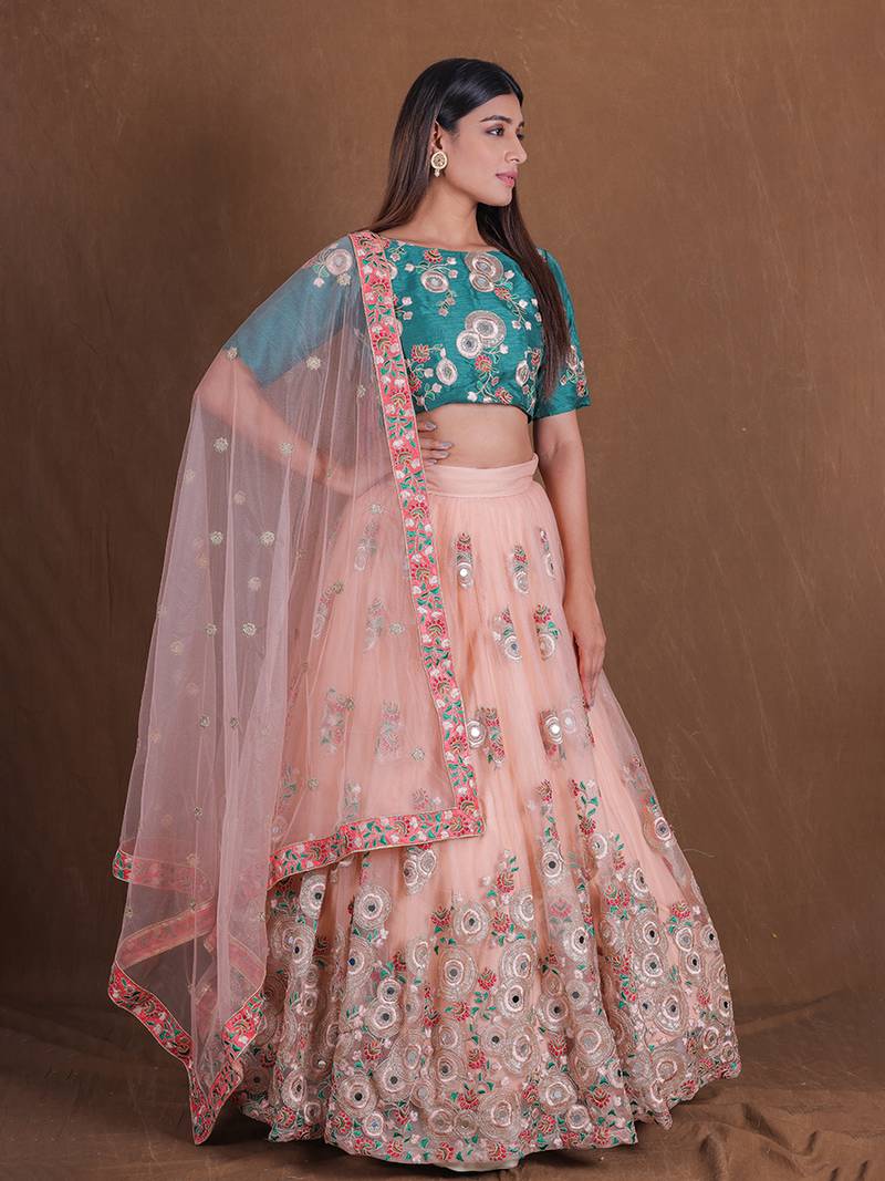 Unique Peach And Green Mirror Embroidery Lehenga Choli For Wedding Party Wear Designer Net Ghagra Choli 