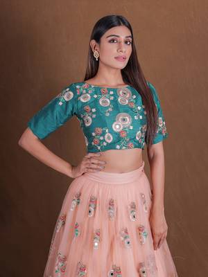 Unique Peach And Green Mirror Embroidery Lehenga Choli For Wedding Party Wear Designer Net Ghagra Choli  3