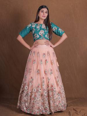 Unique Peach And Green Mirror Embroidery Lehenga Choli For Wedding Party Wear Designer Net Ghagra Choli  4