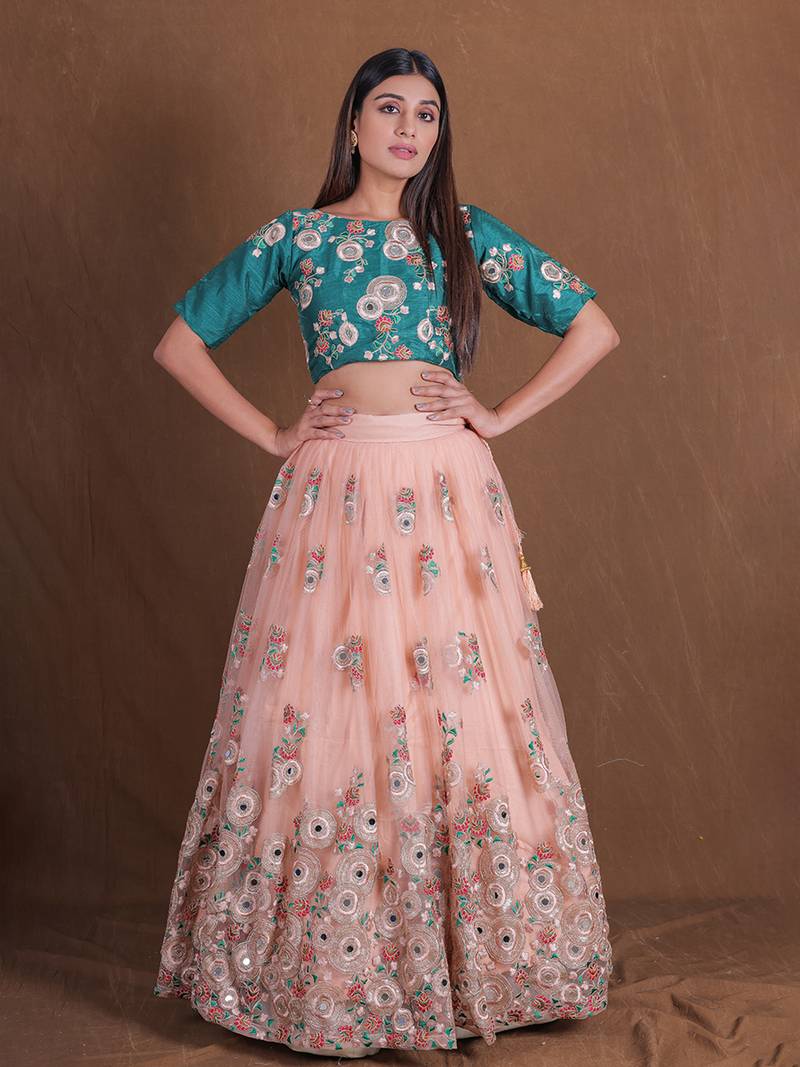 Unique Peach And Green Mirror Embroidery Lehenga Choli For Wedding Party Wear Designer Net Ghagra Choli 