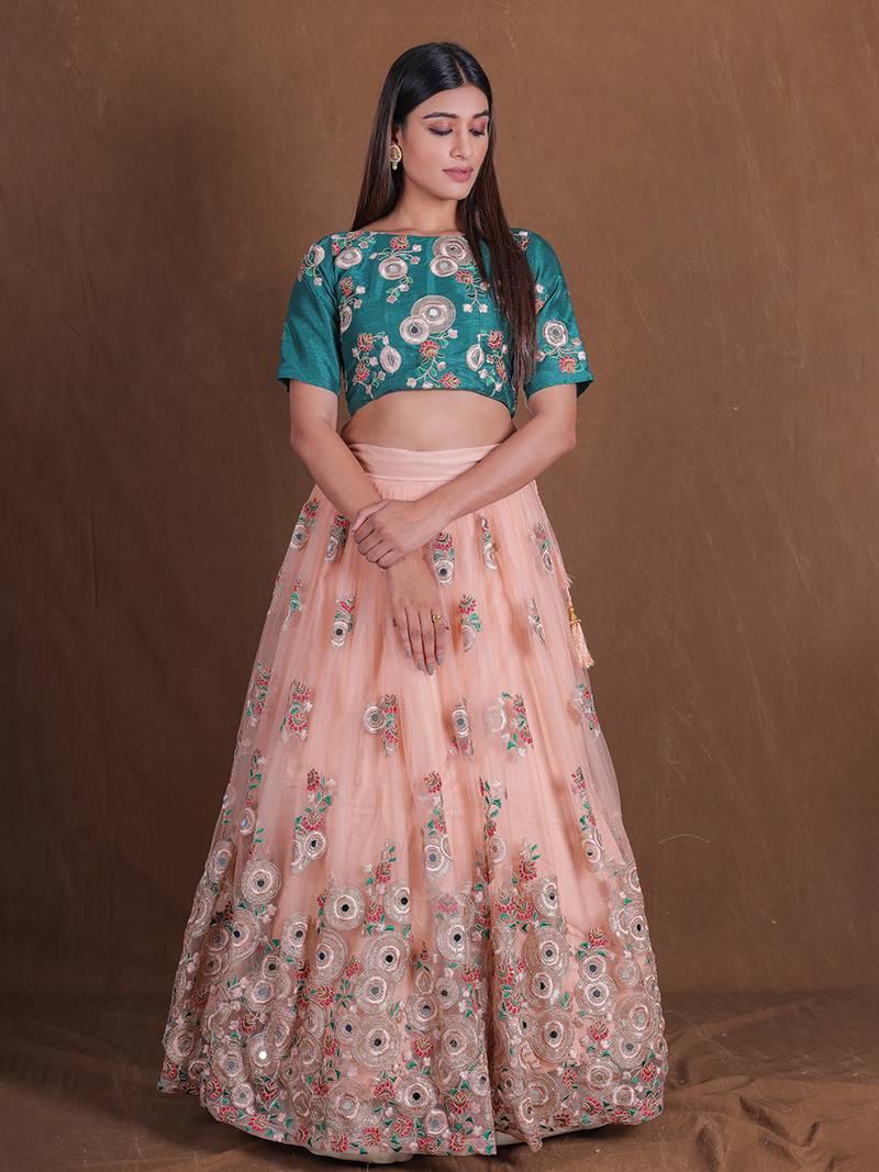 Unique Peach And Green Mirror Embroidery Lehenga Choli For Wedding Party Wear Designer Net Ghagra Choli 