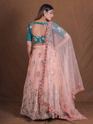 Unique Peach And Green Mirror Embroidery Lehenga Choli For Wedding Party Wear Designer Net Ghagra Choli  6