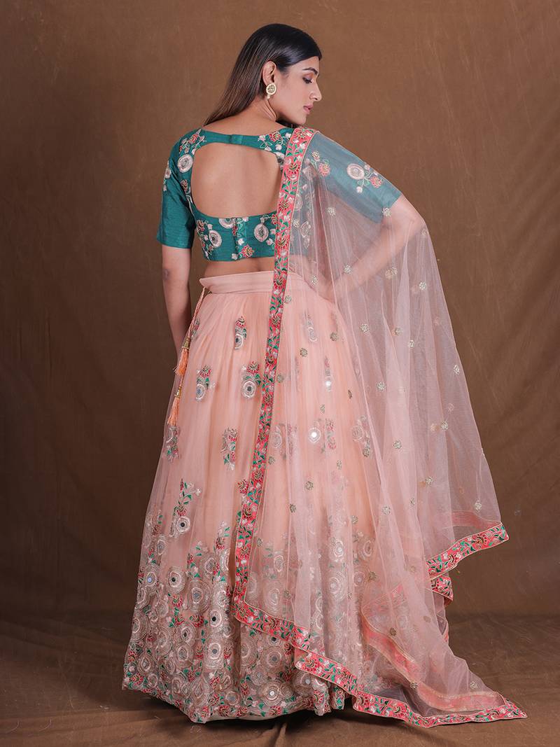 Unique Peach And Green Mirror Embroidery Lehenga Choli For Wedding Party Wear Designer Net Ghagra Choli 