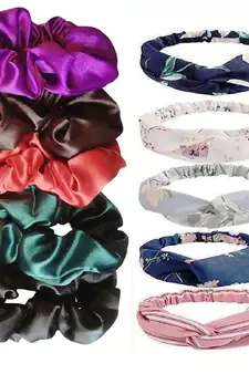 DIAN Assorted Pack of 10 Hair Scrunchies & Elastic Head band in Satin & Printed for Womens