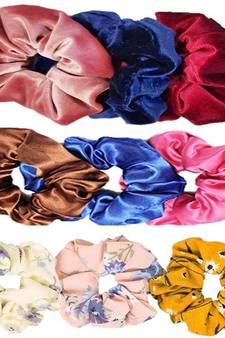DIAN Assorted Pack of 9 Hair Scrunchies, Ponytail Holder in Satin Solid, Velvet Fabric & Printed for Women