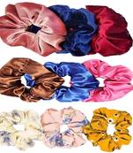 DIAN Assorted Pack of 9 Hair Scrunchies, Ponytail Holder in Satin Solid, Velvet Fabric & Printed for Women