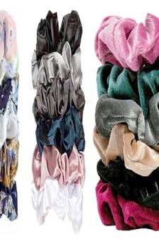 DIAN Assorted Pack of 18 Hair Scrunchies, Ponytail Holder in Satin Solid, Velvet Fabric & Printed for Women