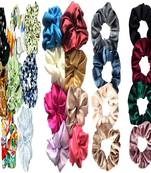 DIAN Assorted Pack of 24 Ponytail Holder in Satin Solid, Velvet Fabric & Printed, Hair Scrunchies for Women