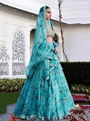 Sky-Blue & Beige Dori Zari And Sequins Embroidered & Floral Organza Lehenga Choli For Bride 7