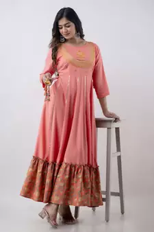 Women's Embroidered Anarkali kurta in Peach