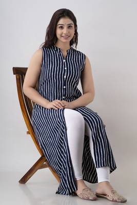 Women's Stripe Print Frontslit Kurti in Blue 1