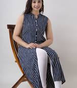 Women's Stripe Print Frontslit Kurti in Blue