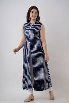 Women's Stripe Print Frontslit Kurti in Blue 2