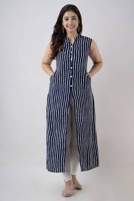 Women's Stripe Print Frontslit Kurti in Blue 3