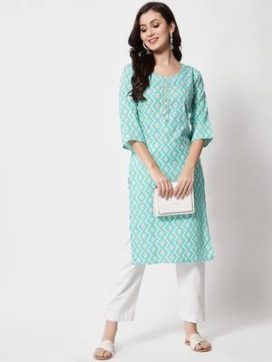 Women's Zig-Zag Print Straight Kurti in Light Green 1