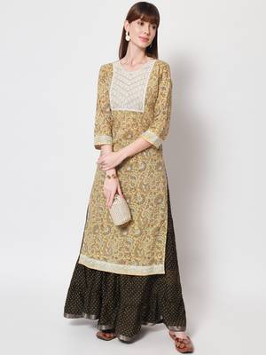 Women Embroidered Printed Straight Kurta in Light Yellow 1