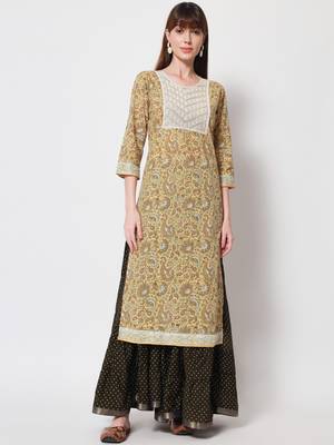 Women Embroidered Printed Straight Kurta in Light Yellow 2