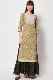 Women Embroidered Printed Straight Kurta in Light Yellow